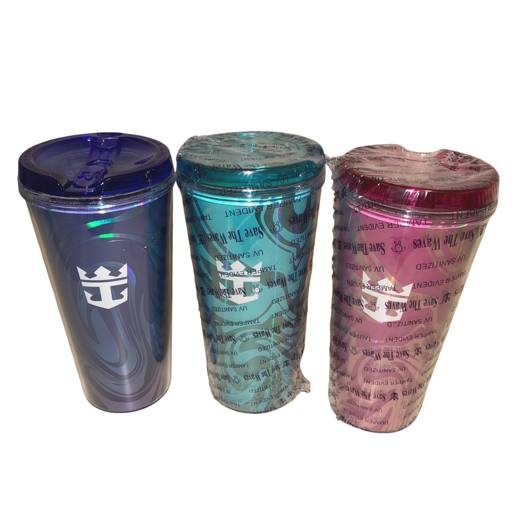 3 Royal Caribbean Cruise Soda Package Beverage Cup Tumbler Teal Blue Pink NEW